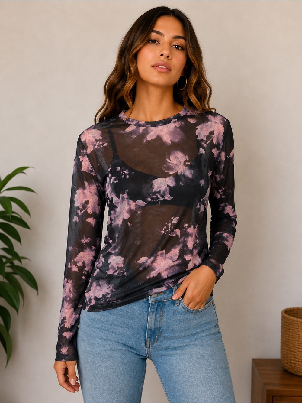 Sheer Floral Mesh Long Sleeve Top – Women’s Large – Y2K Layering Top